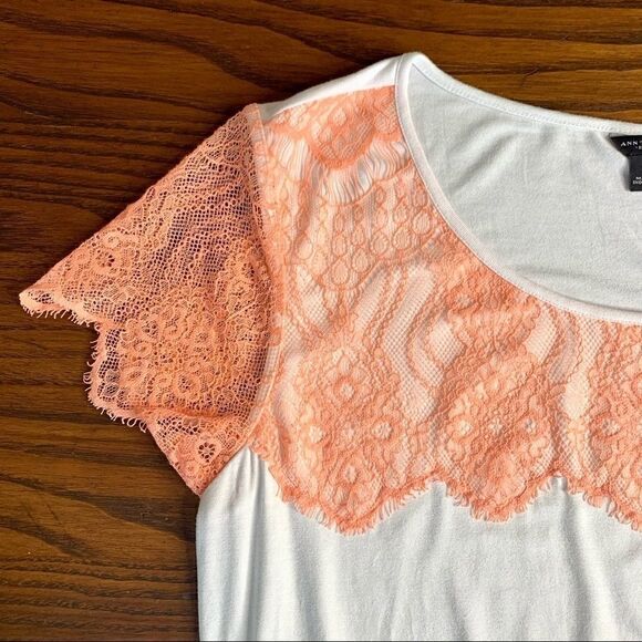 Ann Taylor Peach Lace Trim Sleeve Drop Waist Tee - Picture 4 of 10